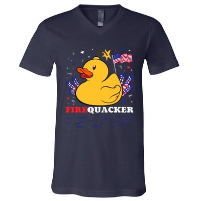 Firecracker Duck 4th Of July Patriotic Day Usa Flag Funny V-Neck T-Shirt