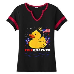 Firecracker Duck 4th of July Patriotic Day USA Flag Funny Ladies Halftime Notch Neck Tee