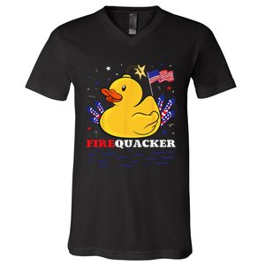 Firecracker Duck 4th of July Patriotic Day USA Flag Funny V-Neck T-Shirt