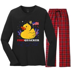 Firecracker Duck 4th of July Patriotic Day USA Flag Funny Women's Long Sleeve Flannel Pajama Set 