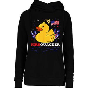 Firecracker Duck 4th of July Patriotic Day USA Flag Funny Womens Funnel Neck Pullover Hood