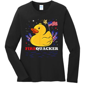 Firecracker Duck 4th of July Patriotic Day USA Flag Funny Ladies Long Sleeve Shirt