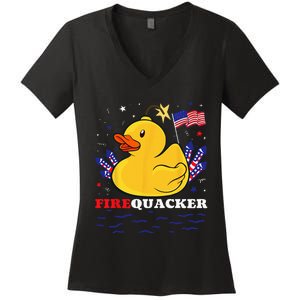 Firecracker Duck 4th of July Patriotic Day USA Flag Funny Women's V-Neck T-Shirt