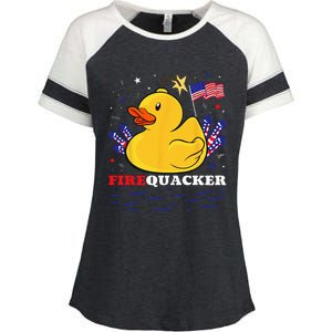 Firecracker Duck 4th of July Patriotic Day USA Flag Funny Enza Ladies Jersey Colorblock Tee