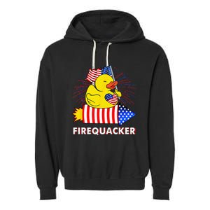 Firequacker Duck 4th of July Fireworks America US FLag Garment-Dyed Fleece Hoodie