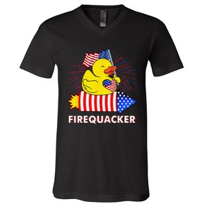 Firequacker Duck 4th of July Fireworks America US FLag V-Neck T-Shirt