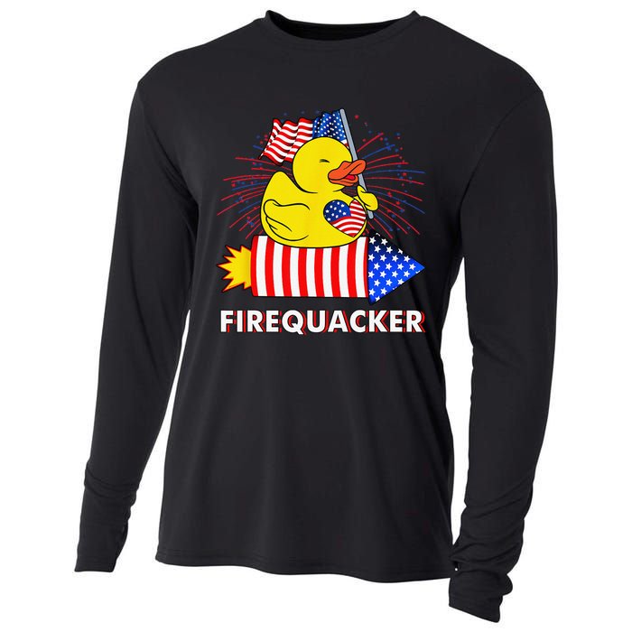 Firequacker Duck 4th of July Fireworks America US FLag Cooling Performance Long Sleeve Crew