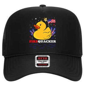 Firecracker Duck 4th Of July Patriotic Day Usa Flag Funny High Crown Mesh Back Trucker Hat