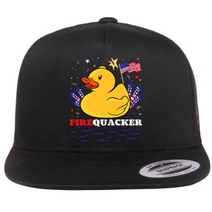 Firecracker Duck 4th Of July Patriotic Day Usa Flag Funny Flat Bill Trucker Hat