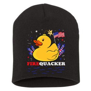 Firecracker Duck 4th Of July Patriotic Day Usa Flag Funny Short Acrylic Beanie