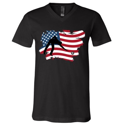 Father's Day American Flag Snooker Billiards Lover Retro Gift For Dad V-Neck T-Shirt