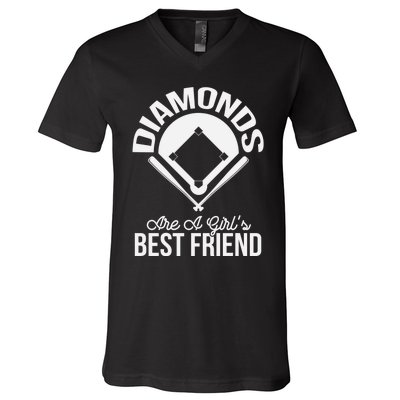 Funny Diamonds Are A Girl's Best Friend Softball V-Neck T-Shirt