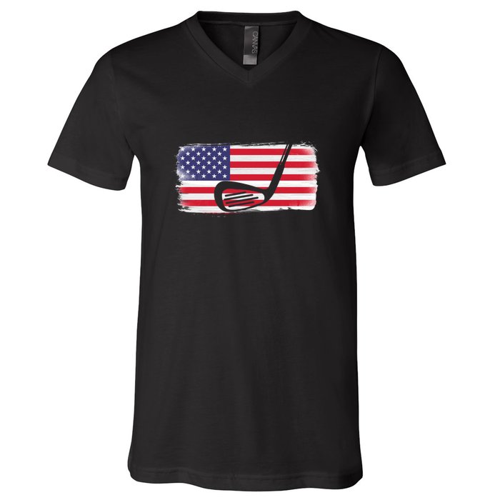 Father's Day American Flag Golf Gift Golf Dad V-Neck T-Shirt