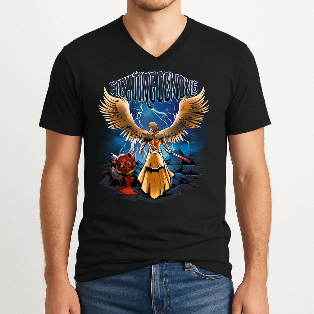 Fighting Demons Angel In Action V-Neck T-Shirt