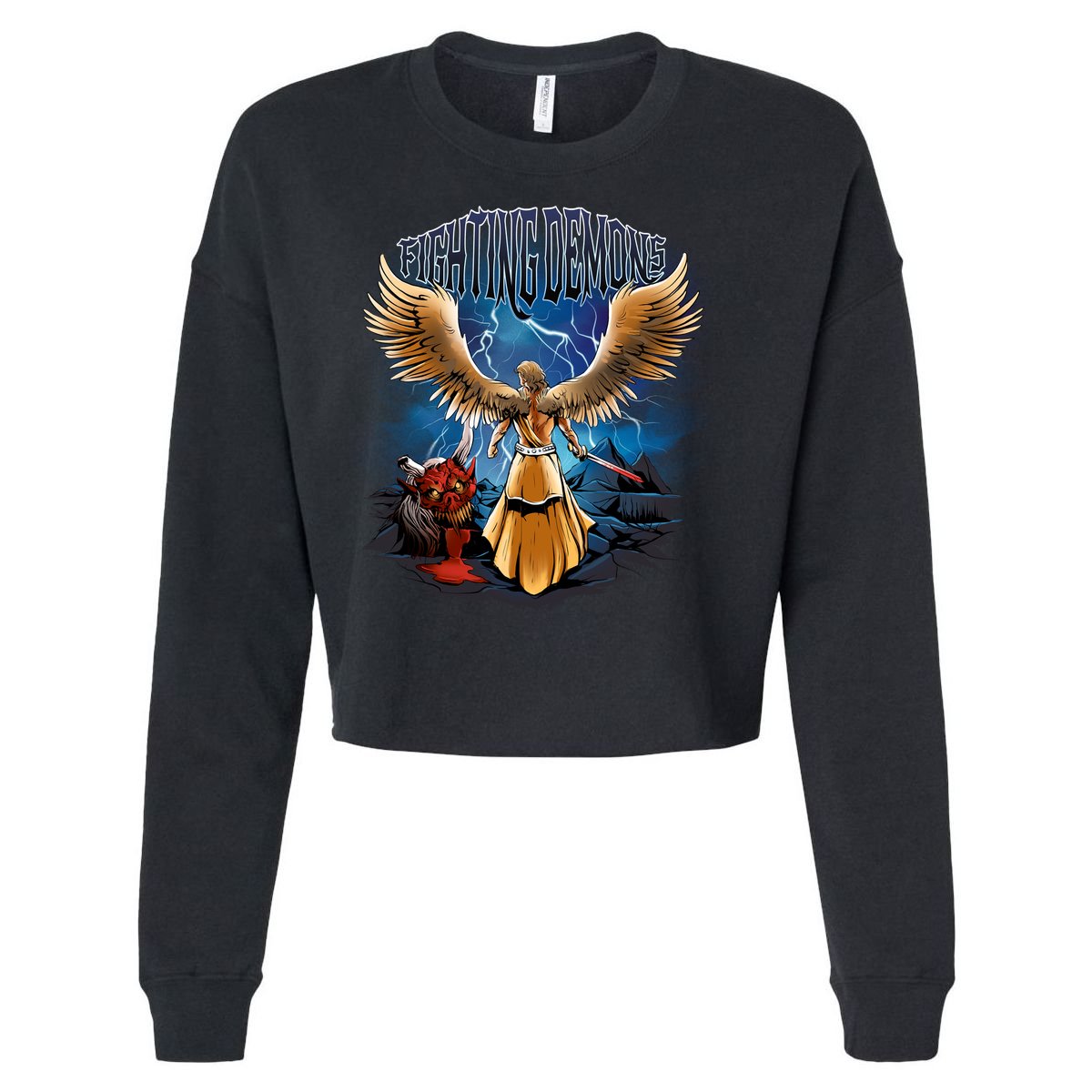 Fighting Demons Angel In Action Cropped Pullover Crew