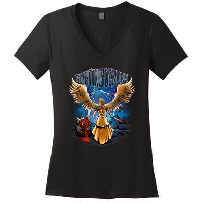 Fighting Demons Angel In Action Women's V-Neck T-Shirt