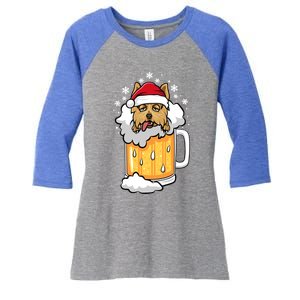 Funny Drunk Beer Yorkshire Terrier Christmas Dog Gift Women's Tri-Blend 3/4-Sleeve Raglan Shirt