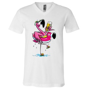 Flamingo Drinking Beer Summer T Funny Beer Lover Gift V-Neck T-Shirt