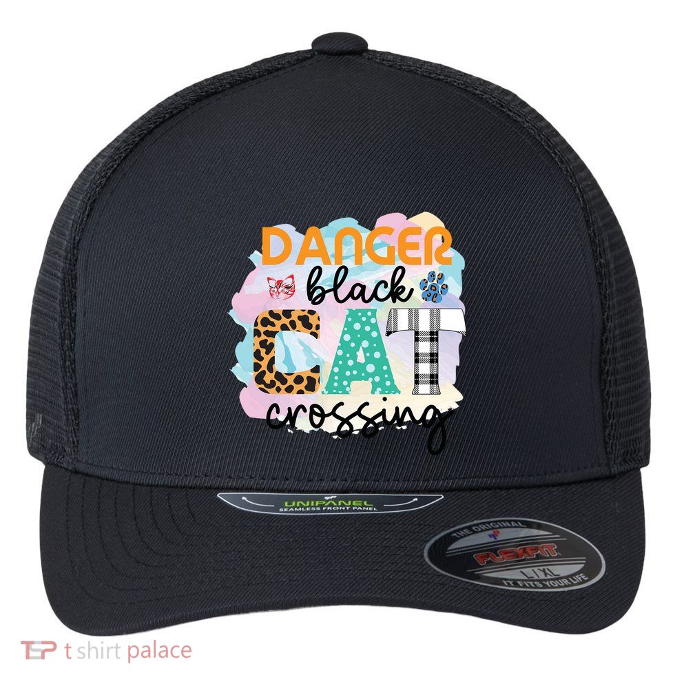 Funny Danger Black Cat Crossing Graphic Patchwork Gift Flexfit Unipanel Trucker Cap