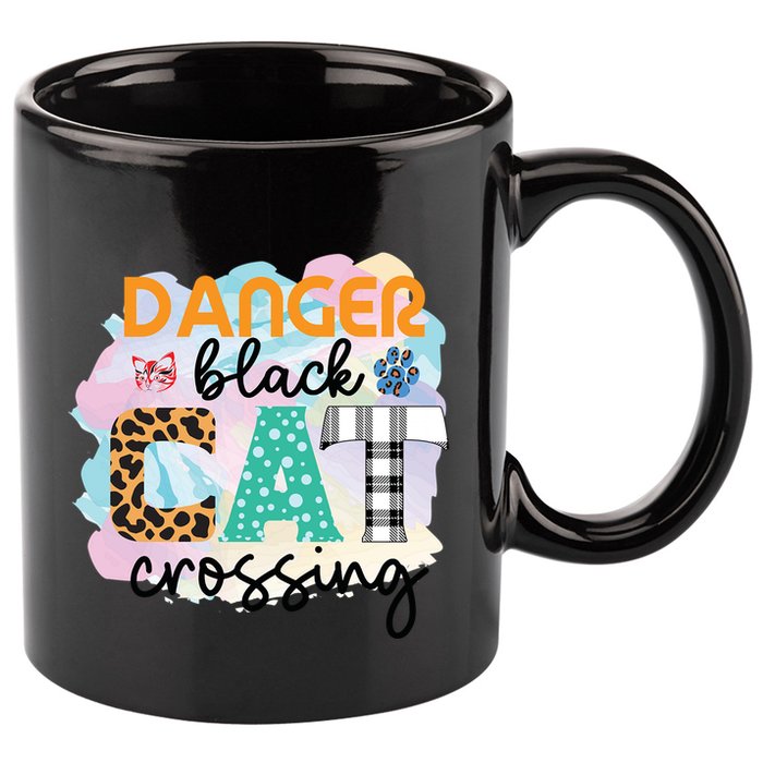 Funny Danger Black Cat Crossing Graphic Patchwork Gift 11oz C Handle Ceramic Mug