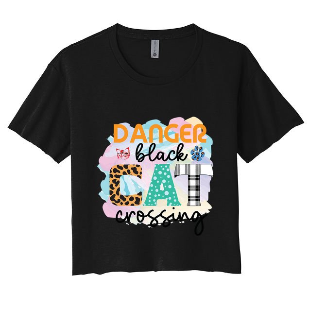 Funny Danger Black Cat Crossing Graphic Patchwork Gift Crop Top