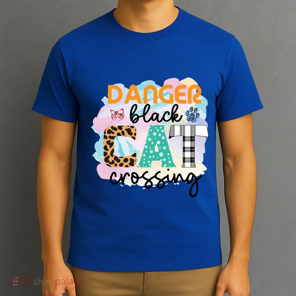 Funny Danger Black Cat Crossing Graphic Patchwork Gift T-Shirt