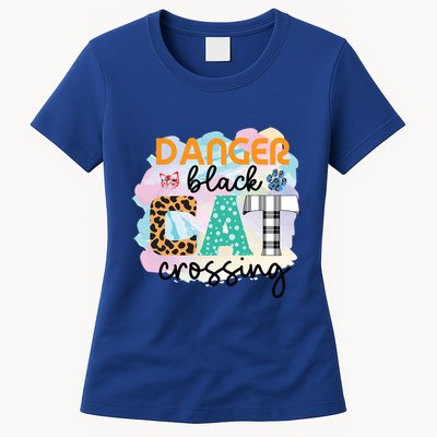 Funny Danger Black Cat Crossing Graphic Patchwork Gift Womens T-Shirt