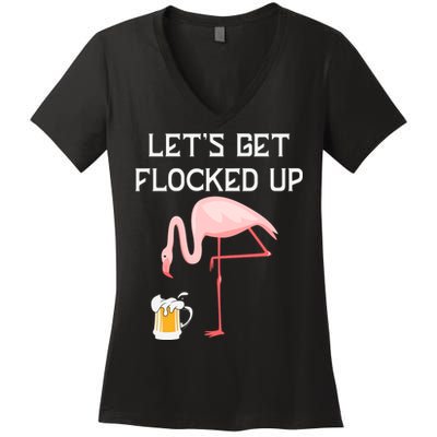 Flamingo Drinking Beer Funny Flamingo Women's V-Neck T-Shirt