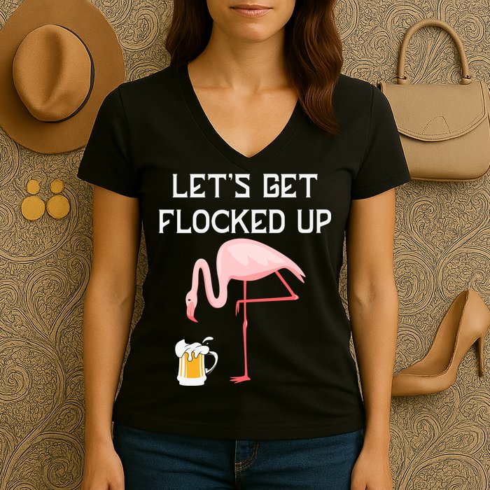 Flamingo Drinking Beer Funny Flamingo Women's V-Neck T-Shirt