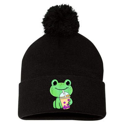 Frog Drinking Bubble Tea Pom Pom 12in Knit Beanie