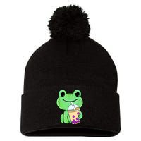 Frog Drinking Bubble Tea Pom Pom 12in Knit Beanie