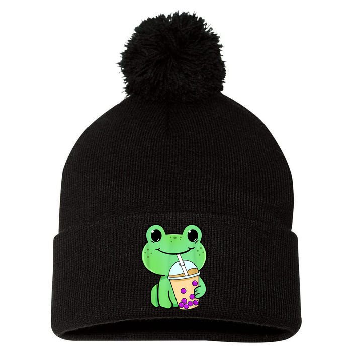 Frog Drinking Bubble Tea Pom Pom 12in Knit Beanie