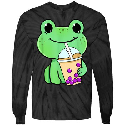 Frog Drinking Bubble Tea Tie-Dye Long Sleeve Shirt