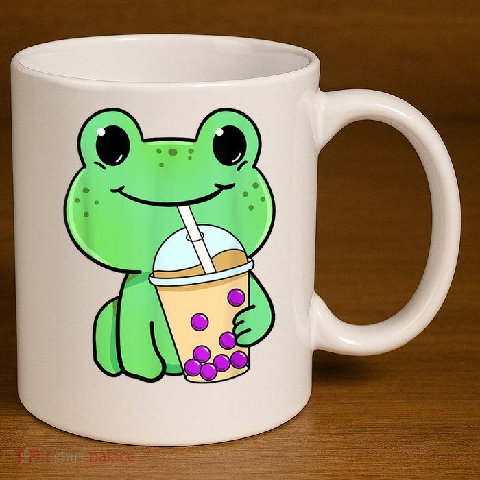 Frog Drinking Bubble Tea 11oz C Handle Ceramic Mug