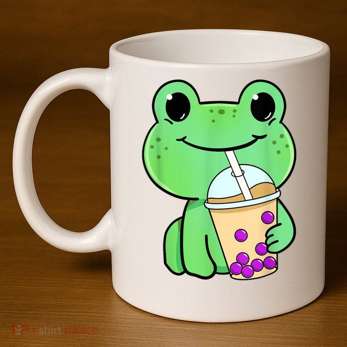 Frog Drinking Bubble Tea 11oz C Handle Ceramic Mug