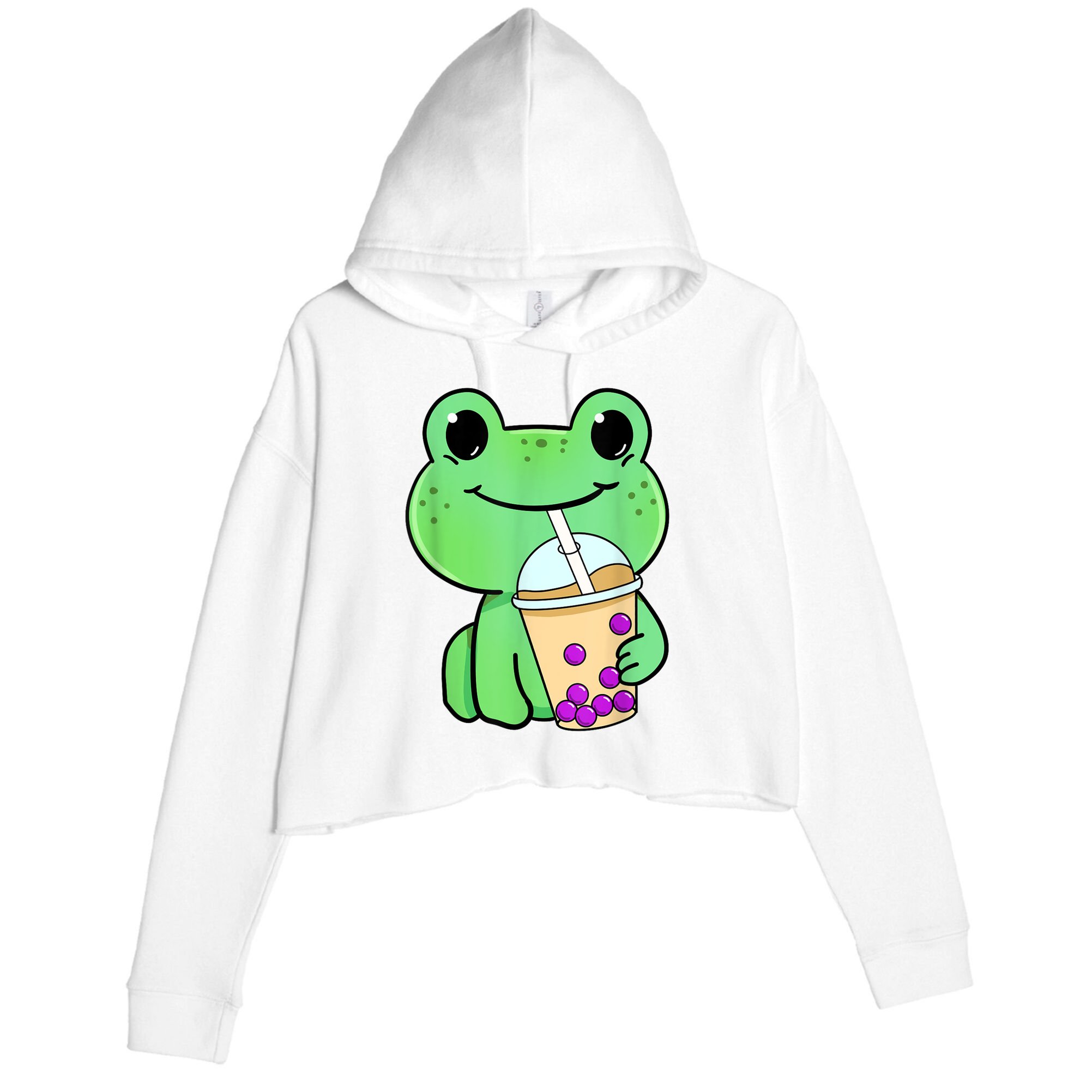 Frog Drinking Bubble Tea Crop Fleece Hoodie