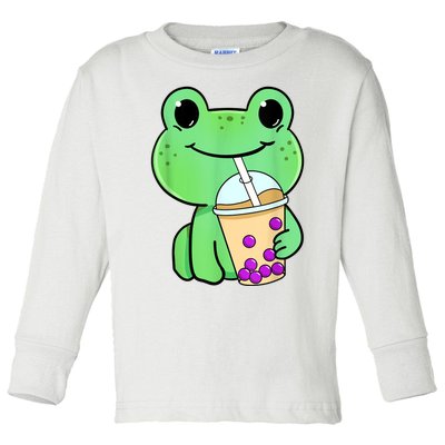 Frog Drinking Bubble Tea Toddler Long Sleeve Shirt