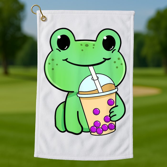 Frog Drinking Bubble Tea Golf Towel