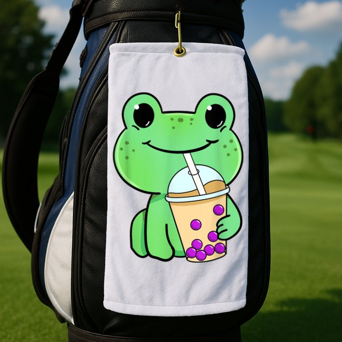 Frog Drinking Bubble Tea Golf Towel