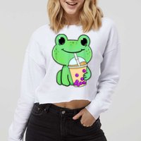 Frog Drinking Bubble Tea Cropped Pullover Crew