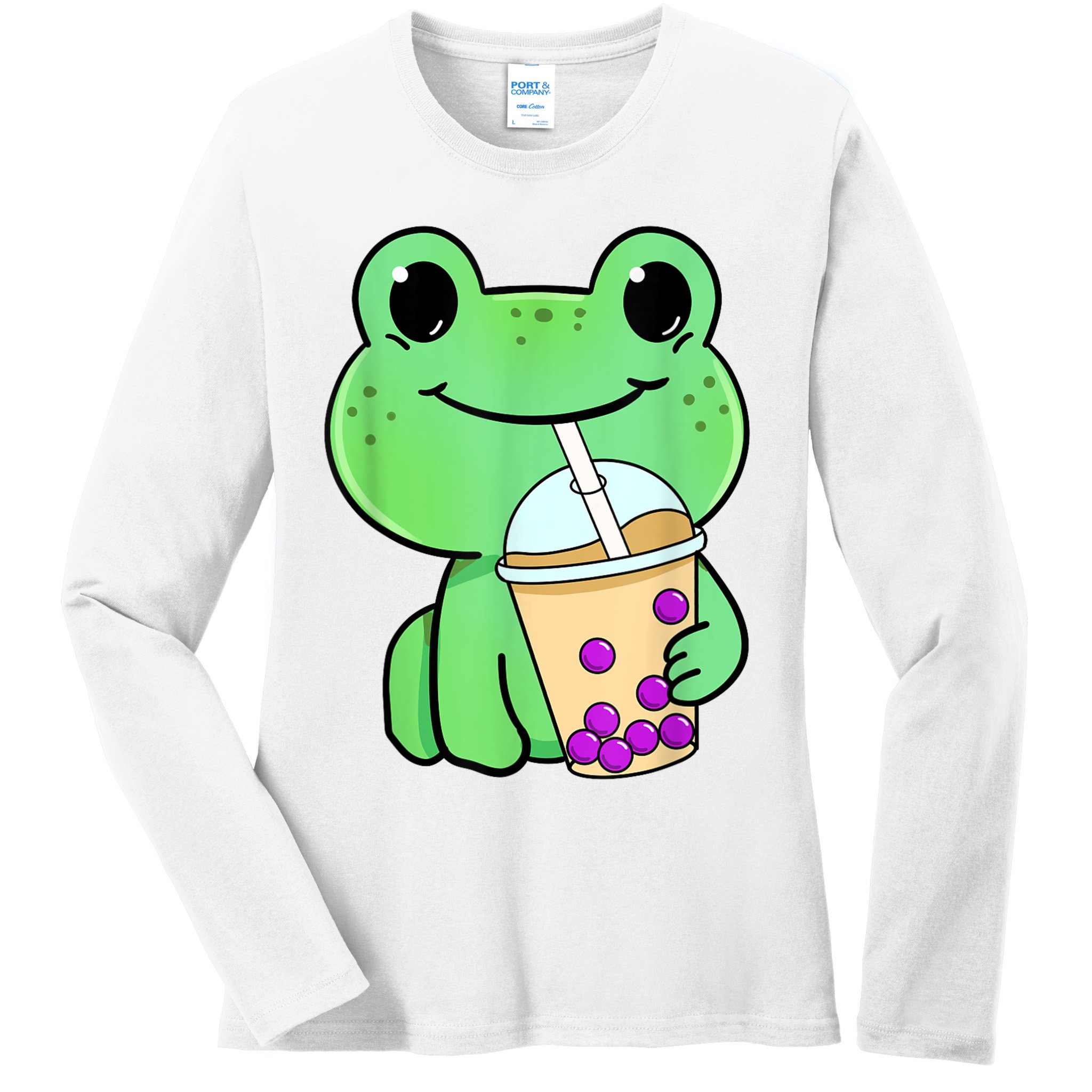 Frog Drinking Bubble Tea Ladies Long Sleeve Shirt