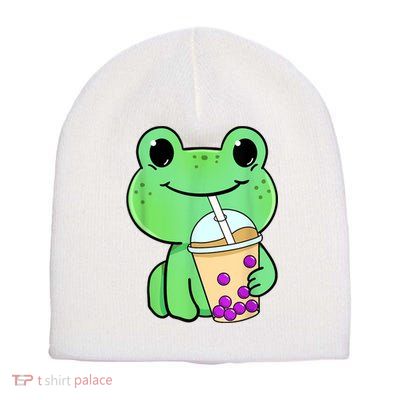 Frog Drinking Bubble Tea Short Acrylic Beanie
