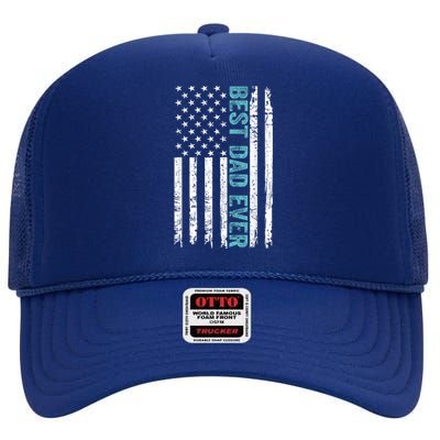 Fathers Day Best Dad Ever With US American Flag High Crown Mesh Back Trucker Hat