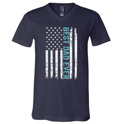 Fathers Day Best Dad Ever With US American Flag V-Neck T-Shirt