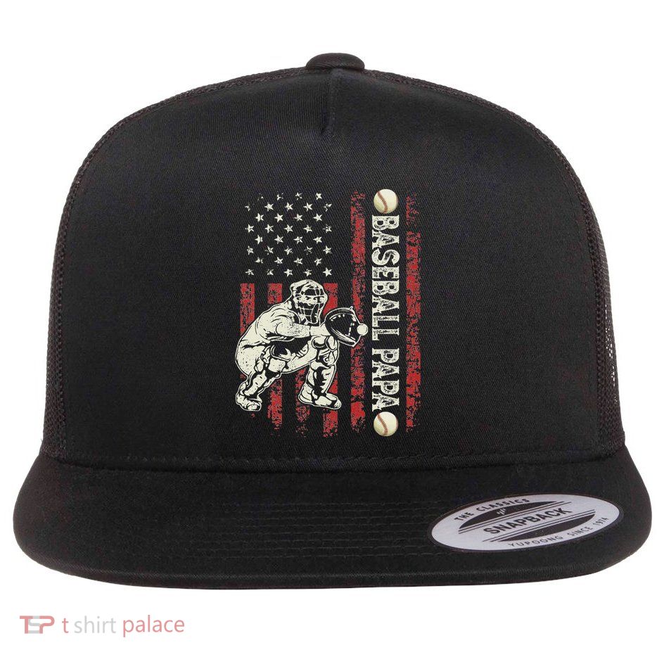 FatherS Day Baseball Papa Flag Gifts Dad Baseball Catcher Flat Bill Trucker Hat