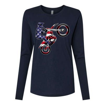 Funny Dirt Bike Art Motorcycle Dirtbike US Flag Womens Cotton Relaxed Long Sleeve T-Shirt