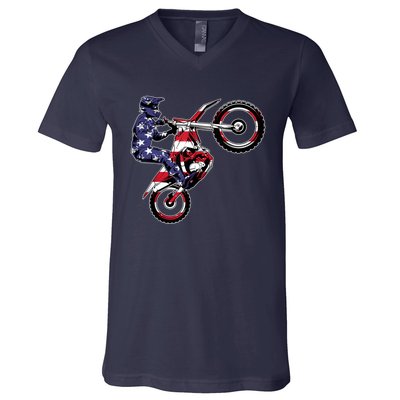 Funny Dirt Bike Art Motorcycle Dirtbike US Flag V-Neck T-Shirt