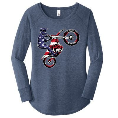 Funny Dirt Bike Art Motorcycle Dirtbike US Flag Women's Perfect Tri Tunic Long Sleeve Shirt