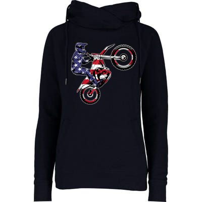 Funny Dirt Bike Art Motorcycle Dirtbike US Flag Womens Funnel Neck Pullover Hood