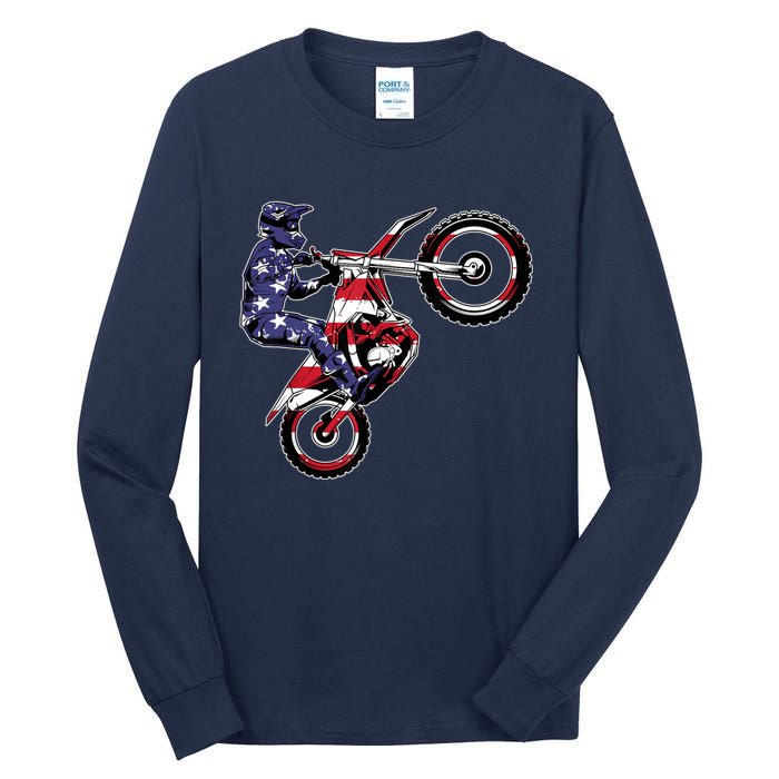 Funny Dirt Bike Art Motorcycle Dirtbike US Flag Tall Long Sleeve T-Shirt